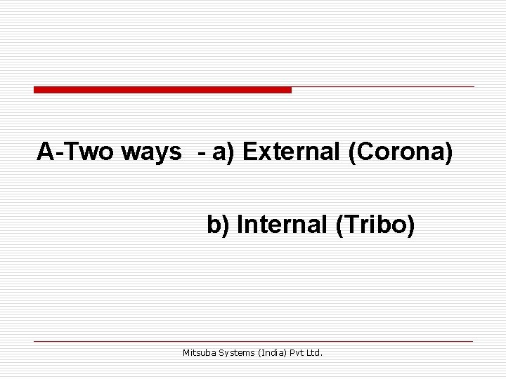A-Two ways - a) External (Corona) b) Internal (Tribo) Mitsuba Systems (India) Pvt Ltd. A-Two ways - a) External (Corona) b) Internal (Tribo) Mitsuba Systems (India) Pvt Ltd.
