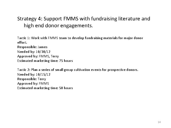 Strategy 4: Support FMMS with fundraising literature and high end donor engagements. Tactic 1:
