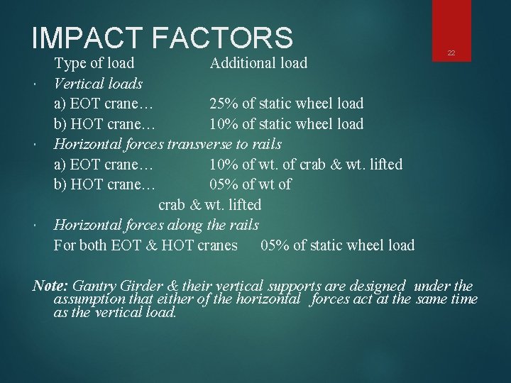 IMPACT FACTORS Type of load Additional load Vertical loads a) EOT crane… 25% of