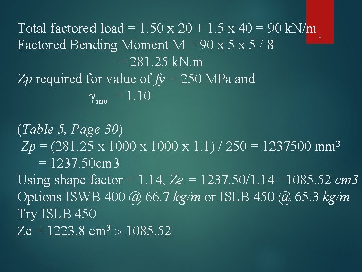Total factored load = 1. 50 x 20 + 1. 5 x 40 =
