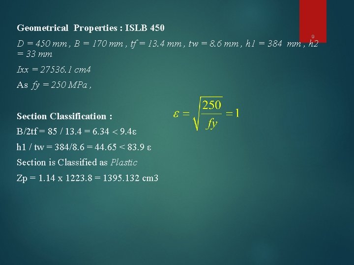 Geometrical Properties : ISLB 450 9 D = 450 mm , B = 170