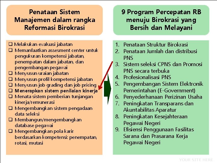 Penataan Sistem Manajemen dalam rangka Reformasi Birokrasi q Melakukan evaluasi jabatan q Memanfaatkan assesment