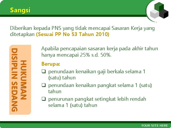 Sangsi Diberikan kepada PNS yang tidak mencapai Sasaran Kerja yang ditetapkan (Sesuai PP No