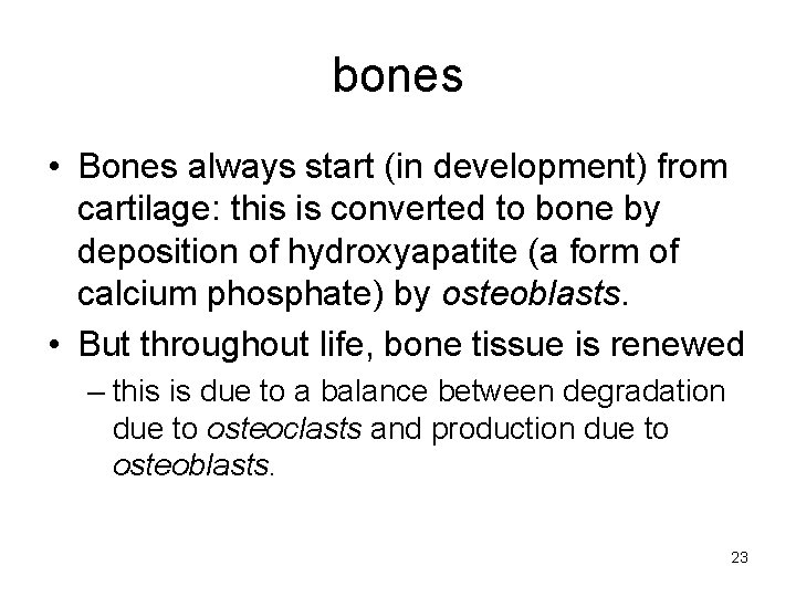 bones • Bones always start (in development) from cartilage: this is converted to bone