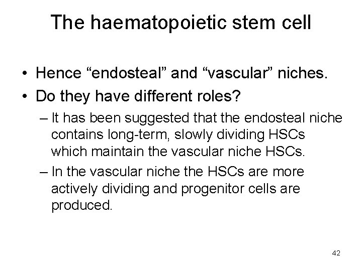 The haematopoietic stem cell • Hence “endosteal” and “vascular” niches. • Do they have