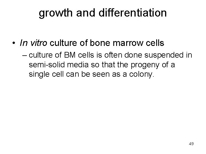 growth and differentiation • In vitro culture of bone marrow cells – culture of