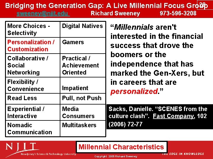 28 Bridging the Generation Gap: A Live Millennial Focus Group sweeney@njit. edu Richard Sweeney