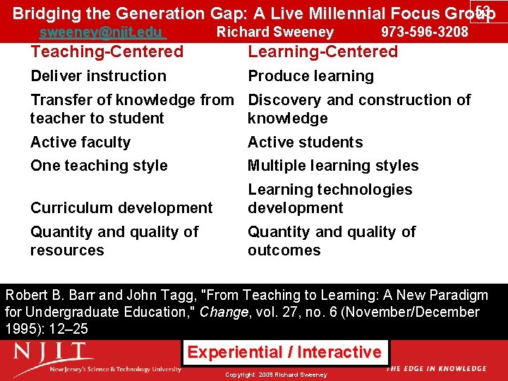 53 Bridging the Generation Gap: A Live Millennial Focus Group sweeney@njit. edu Richard Sweeney