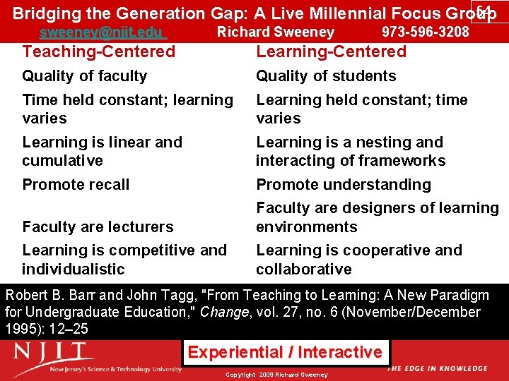 54 Bridging the Generation Gap: A Live Millennial Focus Group sweeney@njit. edu Richard Sweeney