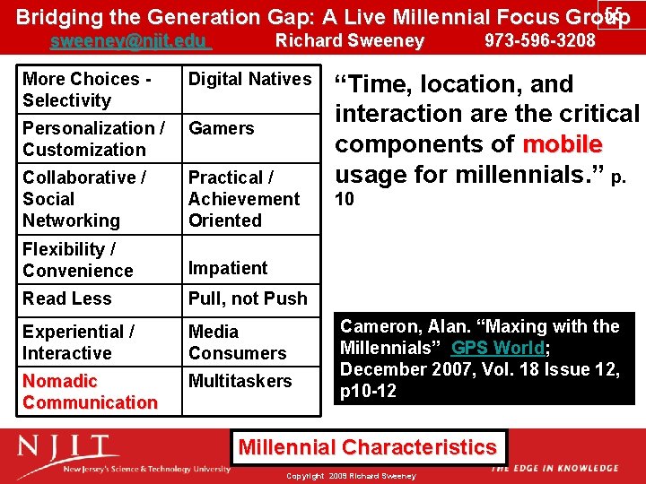 55 Bridging the Generation Gap: A Live Millennial Focus Group sweeney@njit. edu Richard Sweeney