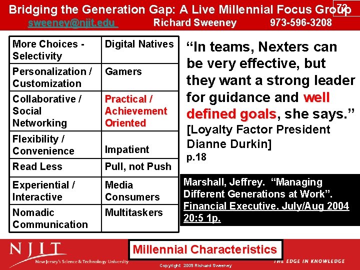 72 Bridging the Generation Gap: A Live Millennial Focus Group sweeney@njit. edu Richard Sweeney