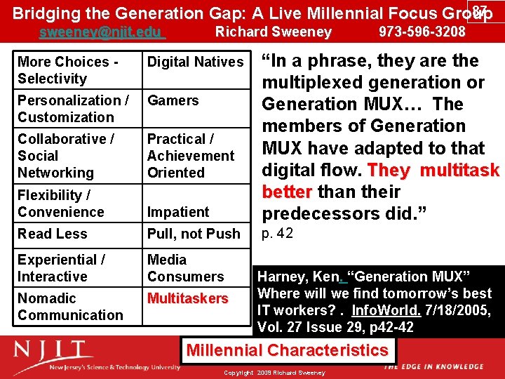 87 Bridging the Generation Gap: A Live Millennial Focus Group sweeney@njit. edu Richard Sweeney