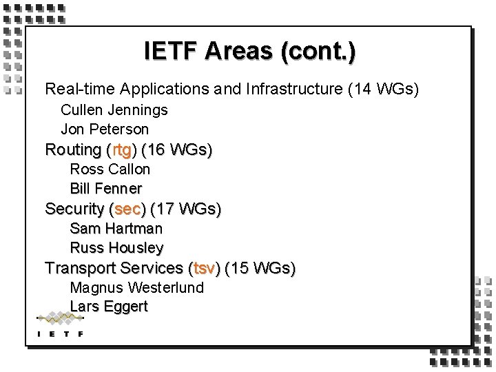 IETF Areas (cont. ) Real-time Applications and Infrastructure (14 WGs) Cullen Jennings Jon Peterson