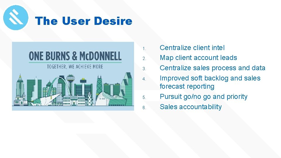 The User Desire 1. 2. 3. 4. 5. 6. Centralize client intel Map client