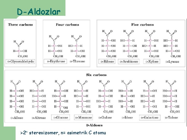 D-Aldozlar Ø 2 n stereoizomer, n= asimetrik C atomu 