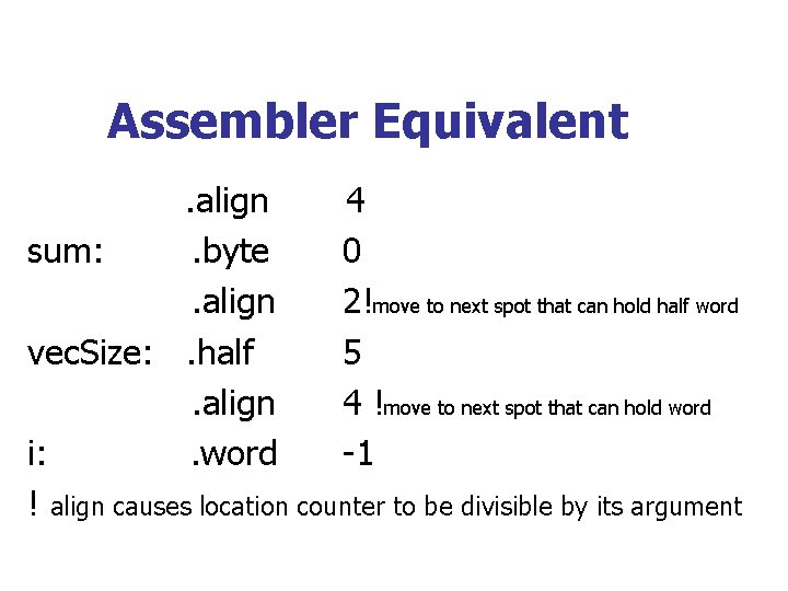 Assembler Equivalent. align 4 sum: . byte 0. align 2!move to next spot that