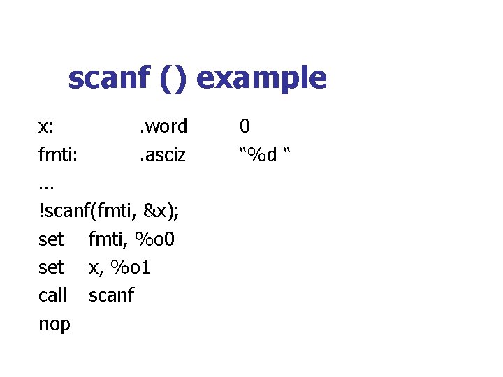 scanf () example x: . word fmti: . asciz … !scanf(fmti, &x); set fmti,