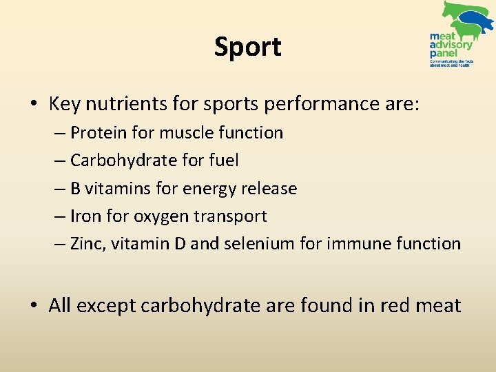 Sport • Key nutrients for sports performance are: – Protein for muscle function –