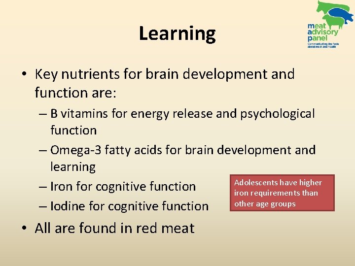 Learning • Key nutrients for brain development and function are: – B vitamins for