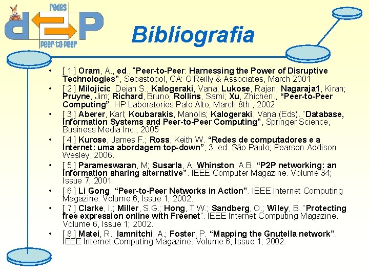 Bibliografia • • [ 1 ] Oram, A. , ed. , “Peer-to-Peer: Harnessing the