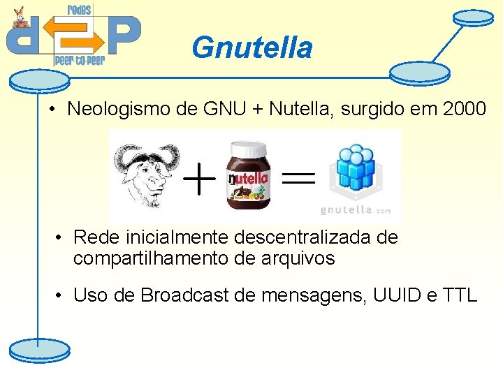 Gnutella • Neologismo de GNU + Nutella, surgido em 2000 • Rede inicialmente descentralizada