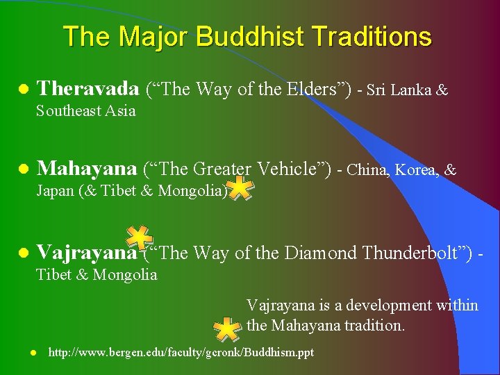 The Major Buddhist Traditions l Theravada (“The Way of the Elders”) - Sri Lanka