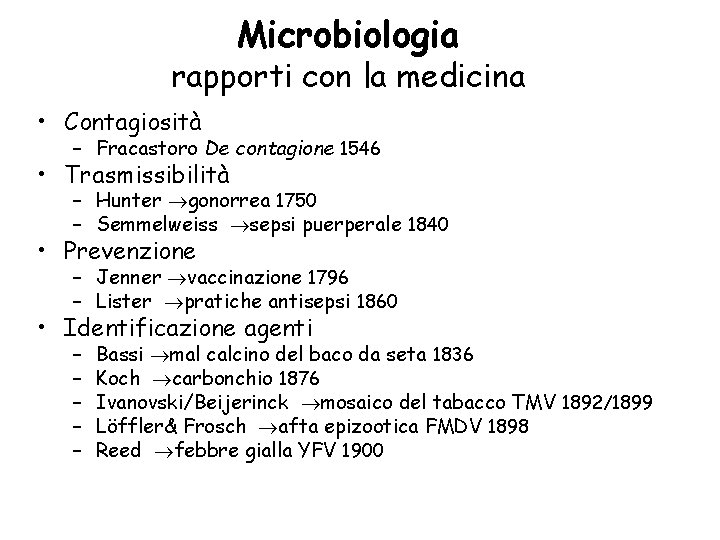 Microbiologia rapporti con la medicina • Contagiosità – Fracastoro De contagione 1546 • Trasmissibilità