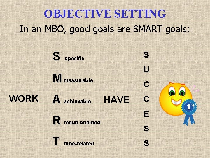 OBJECTIVE SETTING In an MBO, good goals are SMART goals: S S specific U