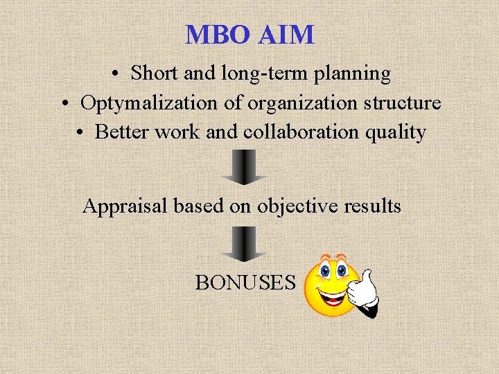 MBO AIM • Short and long-term planning • Optymalization of organization structure • Better