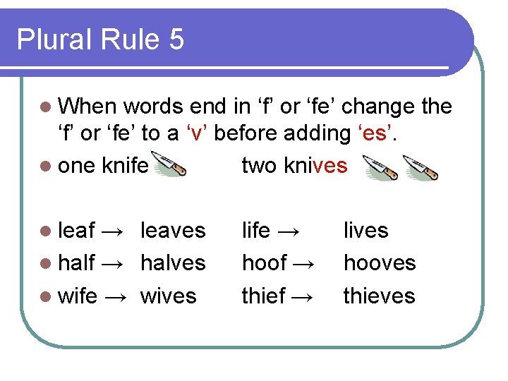 Plural Rule 5 l When words end in ‘f’ or ‘fe’ change the ‘f’