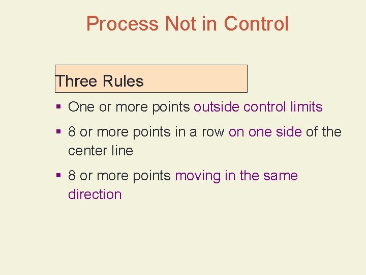 Process Not in Control Three Rules § One or more points outside control limits Process Not in Control Three Rules § One or more points outside control limits