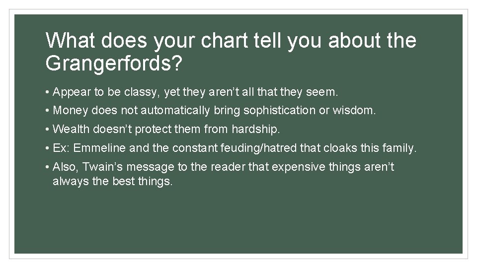 What does your chart tell you about the Grangerfords? • Appear to be classy,