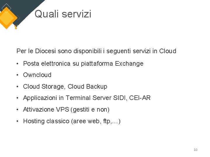 Quali servizi Per le Diocesi sono disponibili i seguenti servizi in Cloud • Posta