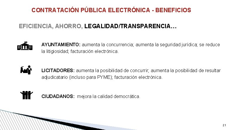 CONTRATACIÓN PÚBLICA ELECTRÓNICA - BENEFICIOS EFICIENCIA, AHORRO, LEGALIDAD/TRANSPARENCIA… AYUNTAMIENTO: aumenta la concurrencia; aumenta la