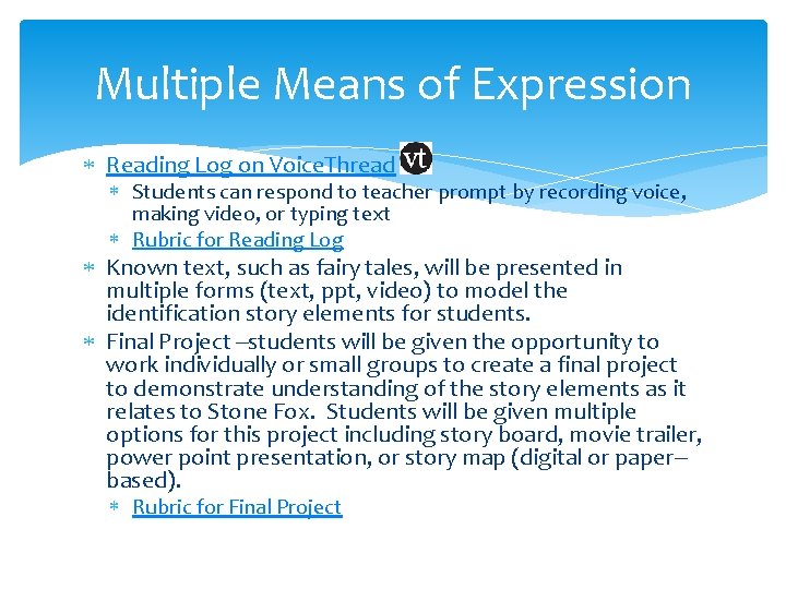 Multiple Means of Expression Reading Log on Voice. Thread Students can respond to teacher