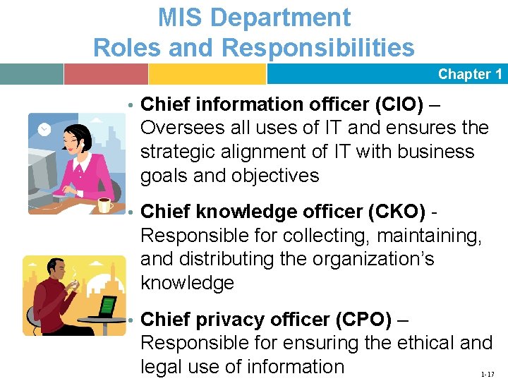 MIS Department Roles and Responsibilities Chapter 1 • Chief information officer (CIO) – Oversees