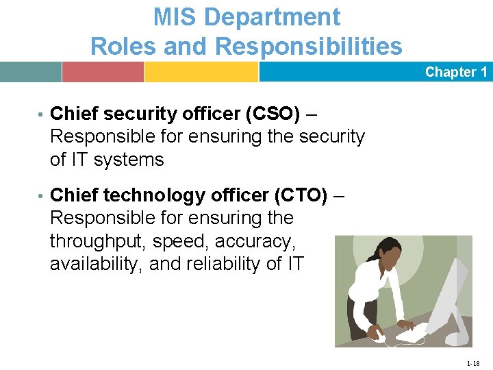 MIS Department Roles and Responsibilities Chapter 1 • Chief security officer (CSO) – Responsible