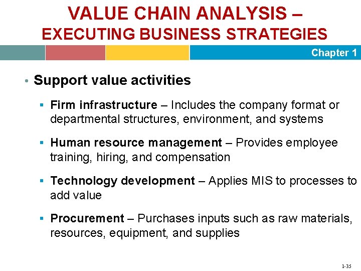 VALUE CHAIN ANALYSIS – EXECUTING BUSINESS STRATEGIES Chapter 1 • Support value activities §