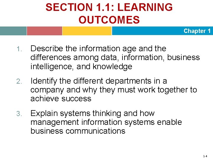 SECTION 1. 1: LEARNING OUTCOMES Chapter 1 1. Describe the information age and the