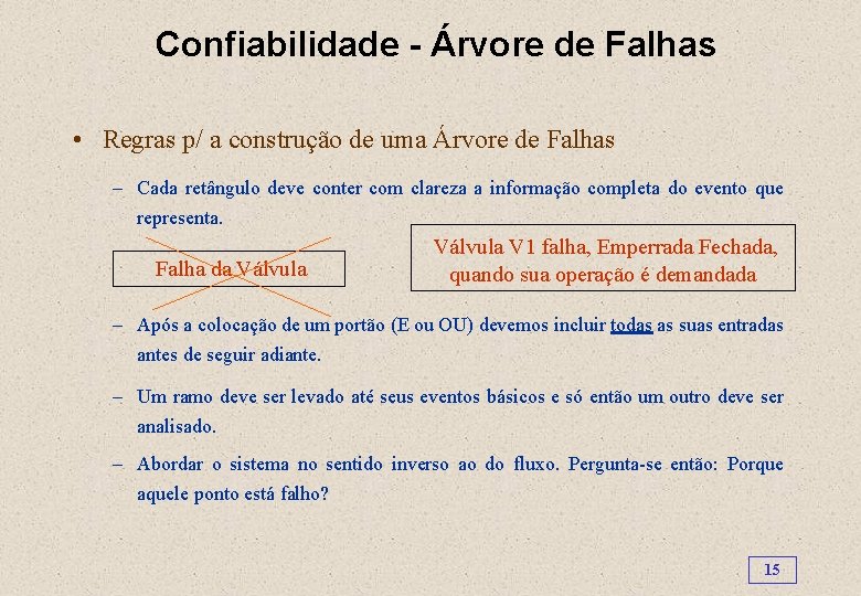 Confiabilidade - Árvore de Falhas • Regras p/ a construção de uma Árvore de