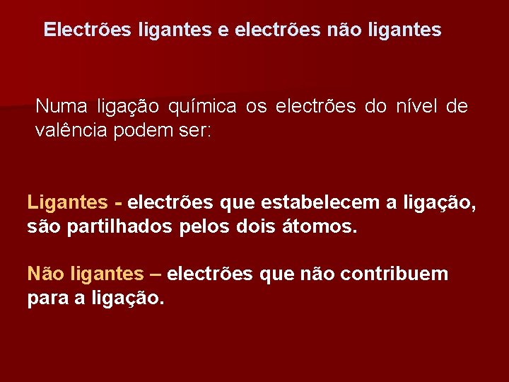 Electrões ligantes e electrões não ligantes Numa ligação química os electrões do nível de