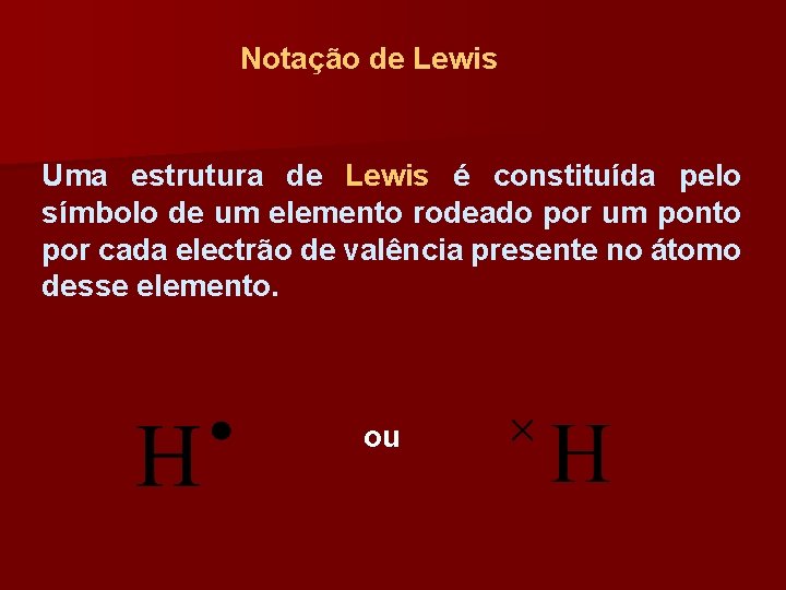 Notação de Lewis Uma estrutura de Lewis é constituída pelo símbolo de um elemento