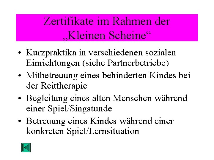 Zertifikate im Rahmen der „Kleinen Scheine“ • Kurzpraktika in verschiedenen sozialen Einrichtungen (siehe Partnerbetriebe)