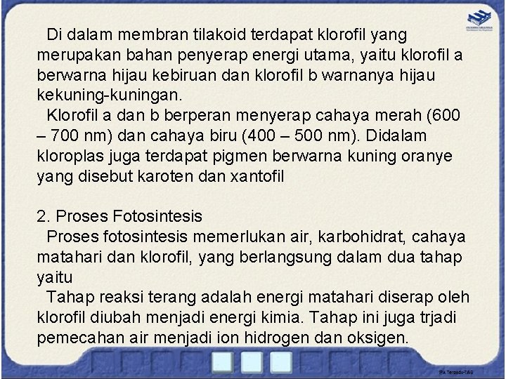 Di dalam membran tilakoid terdapat klorofil yang merupakan bahan penyerap energi utama, yaitu klorofil