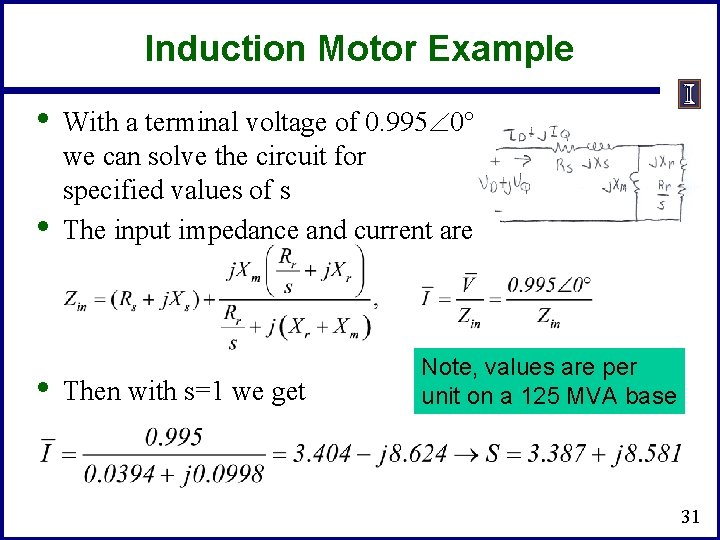 Induction Motor Example • • • With a terminal voltage of 0. 995 0