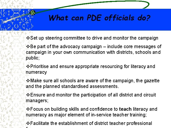 What can PDE officials do? v. Set up steering committee to drive and monitor