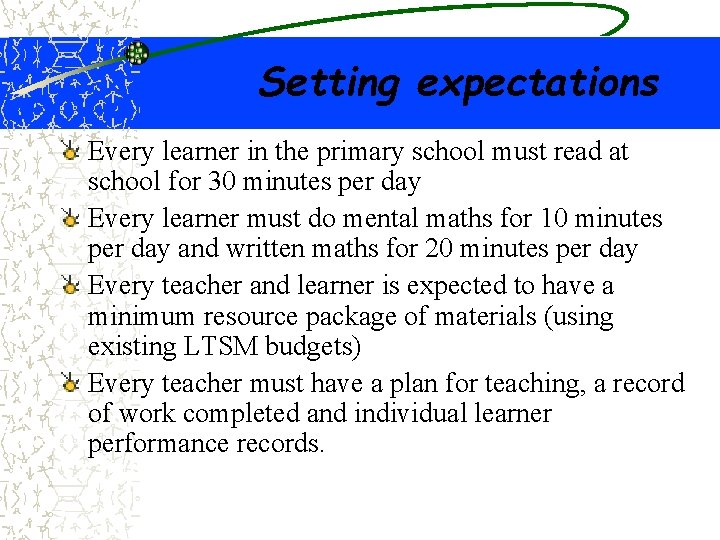 Setting expectations Every learner in the primary school must read at school for 30