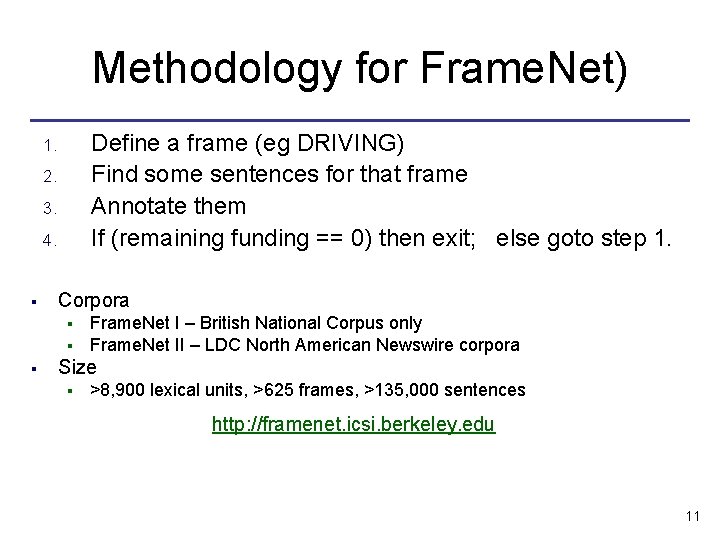 Methodology for Frame. Net) Define a frame (eg DRIVING) Find some sentences for that