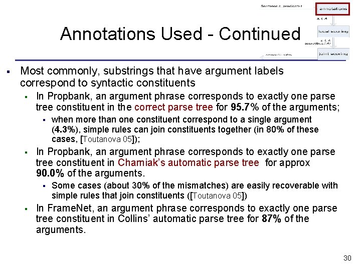 Annotations Used - Continued § Most commonly, substrings that have argument labels correspond to