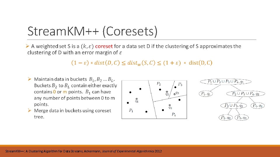 Stream. KM++ (Coresets) Stream. KM++: A Clustering Algorithm for Data Streams, Ackermann, Journal of